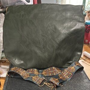 Olive Green Crossbody Bag with Tribal Pattern